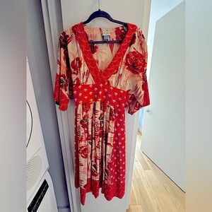 Plenty by Tracy Reese Red and Cream Floral Midi Dress 100% Silk